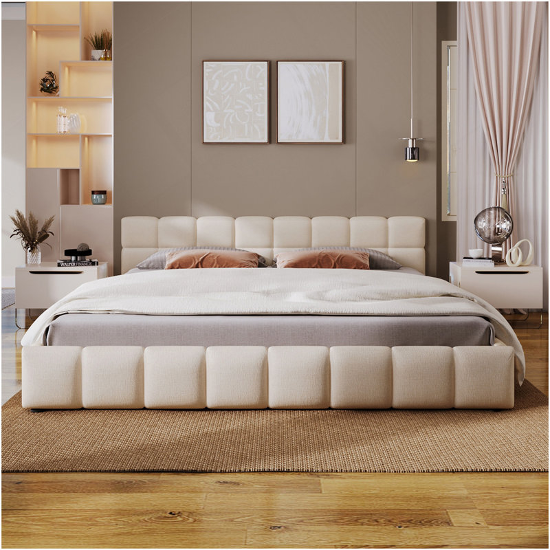 Lit tapissier élégant en chenille beige avec motif damier, grand, beige, Beige