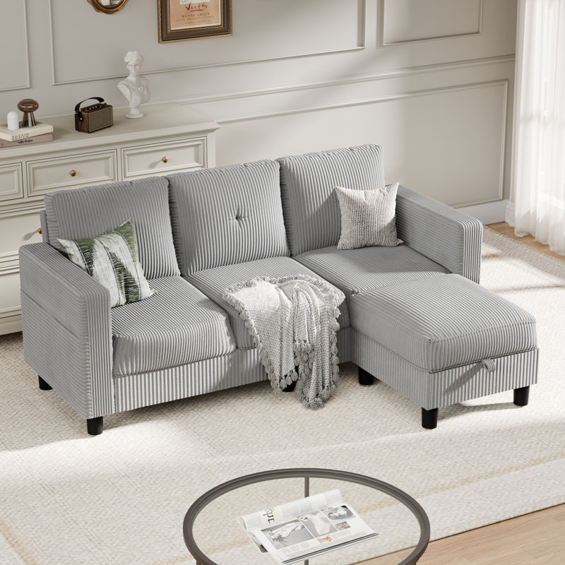  Aadvik 76.4" Upholstered Sofa Chaise, Light Gray Corduroy