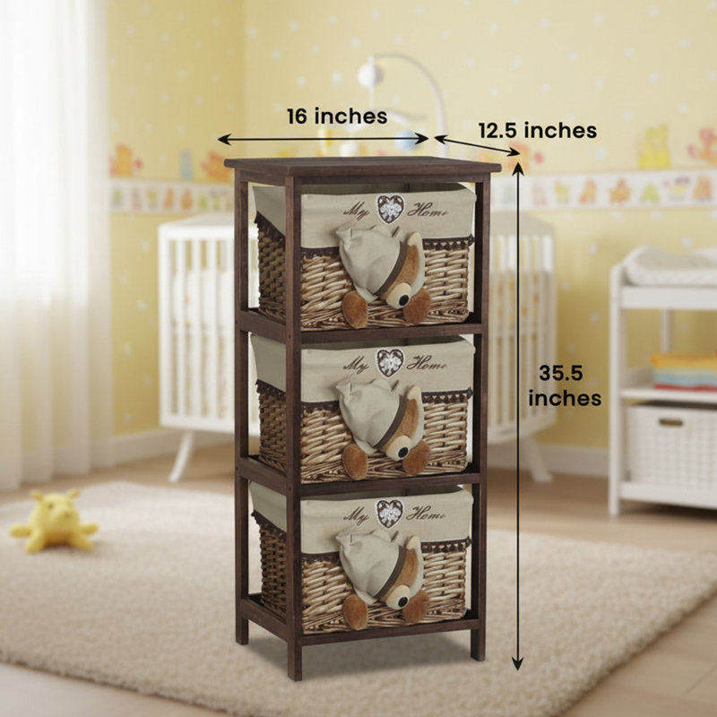 Jhavon 3-Drawer Wooden Cabinet with Wicker Storage Baskets and Brown Bear Design Christmas Gift