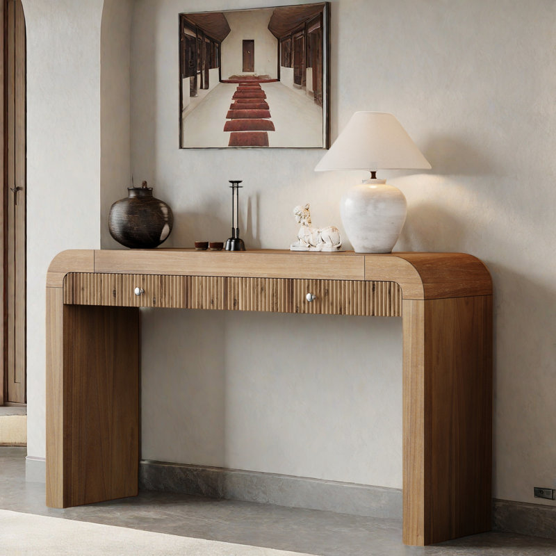 Rustic Console Table With Fluted Front Design, 2 Drawers, Curved Corners & Thick Legs, Natural