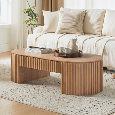 Table basse ovale en bois de 51,18 po avec tiroir de style Mid-Century moderne, table basse unique pour meubles de salon, table de thé chêne