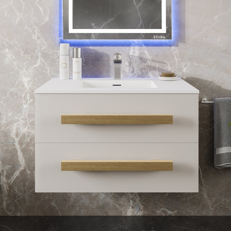 Siyka 32"W X 20"D Wall Mount Bathroom Vanity With White Solid Surface Countertop And Integrated Sink, White