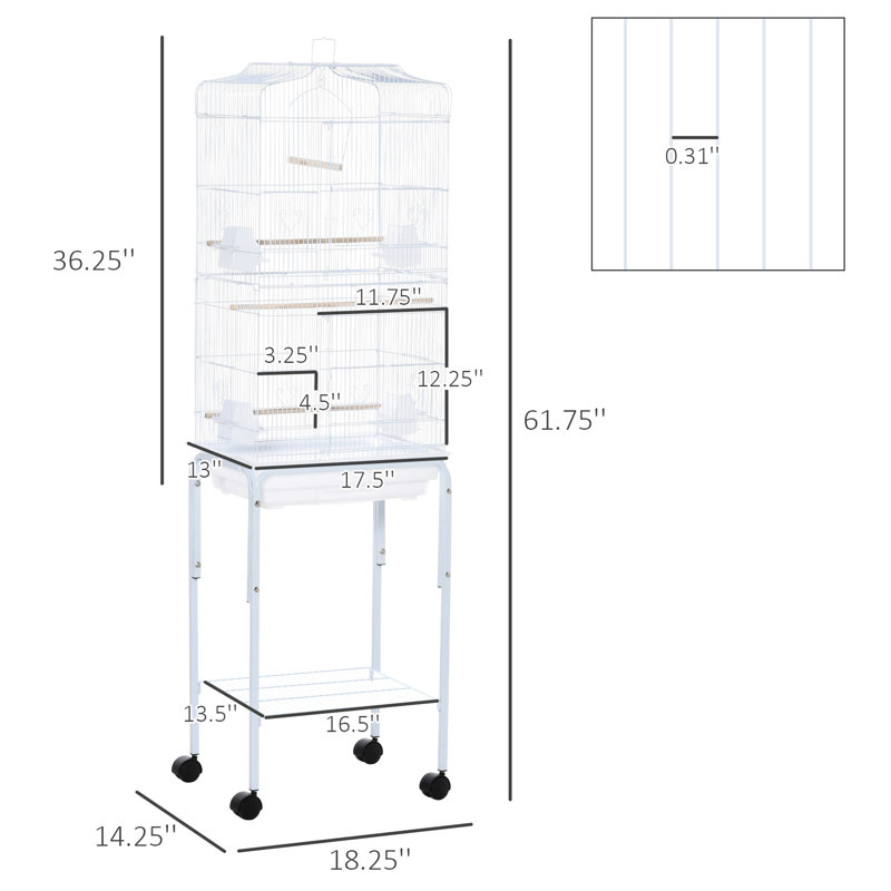 Ensemble de cage à oiseaux 60 po en métal avec support, blanc. Espace spacieux pour les perroquets. Portes faciles d'accès. Matériau. Nettoyage simple. Roues silencieuses portatives, roulantes, amovibles, petits oiseaux spacieux. Accès pratique.