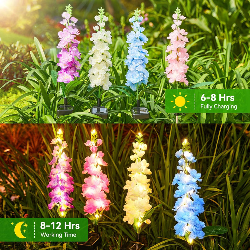 Éclairage solaire pour le jardin, ensemble de 4 lumières de jardin Delphinium améliorées, 36 lumières de jardin à DEL à énergie solaire et imperméables pour l'extérieur, fleurs solaires pour la cour