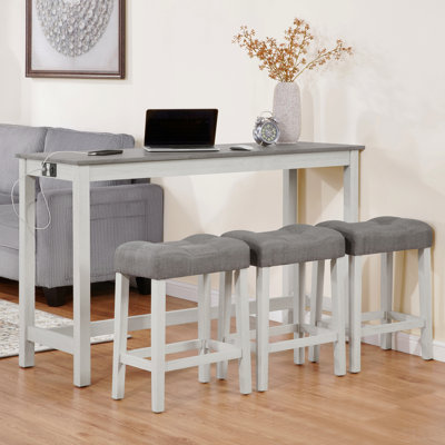 Ensemble de table de bar 4 pièces avec prise de courant, ensemble de table de bar avec chaises, table de bar avec tabourets, table de canapé avec 3 tabourets rembourrés
