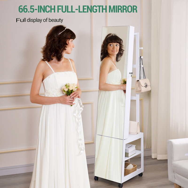 8 LEDs Mirror Jewelry Armoire, Jewelry Organizer with Garment Rack, Lockable Full-length Mirror with 4 Wheels, Storage Shelves with Hooks, 5-in-1, White and Black