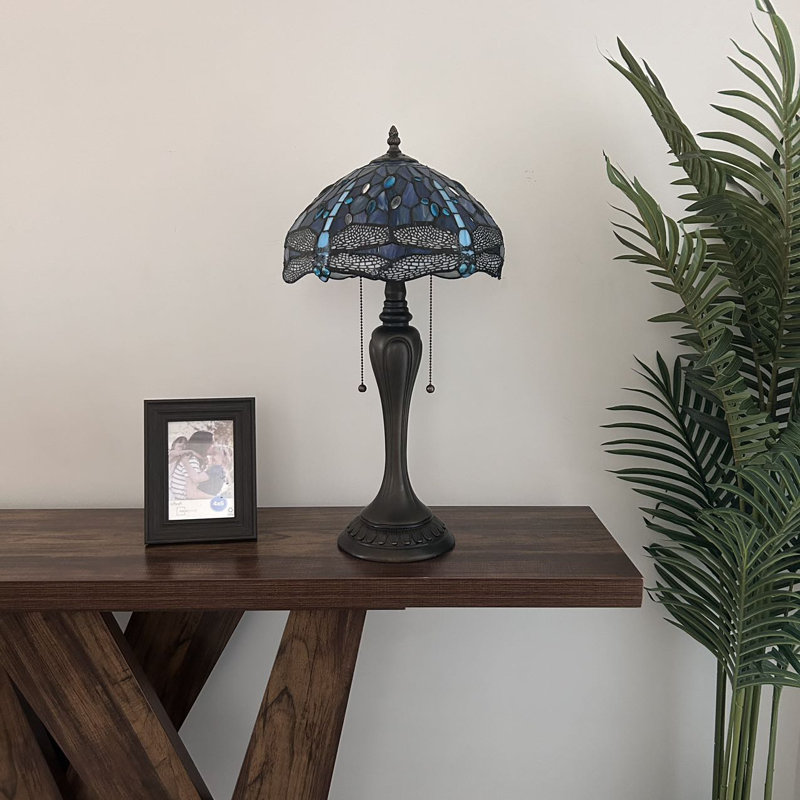 Gleb Tiffany Table Lamp Stained Glass Dragonfly LED Bulbs Included 12'W*12"D*22"H, Sea Blue