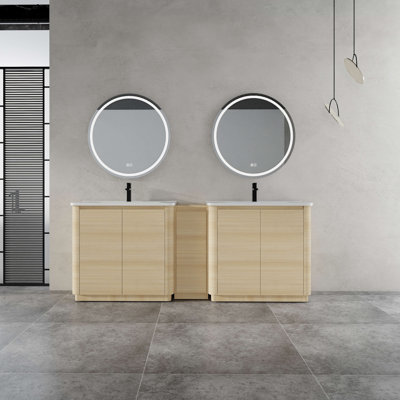 Meuble-lavabo autoportant de 234 cm avec lavabo en céramique blanche et 1 petite armoire de rangement