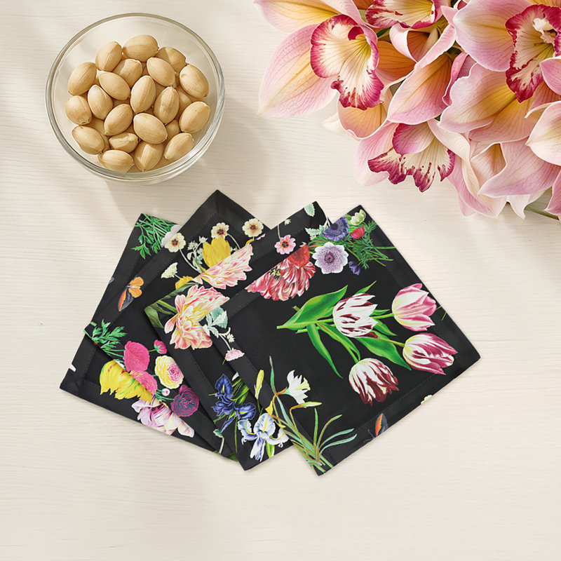 Flora Fauna Cotton Sateen Cocktail Napkins, Black