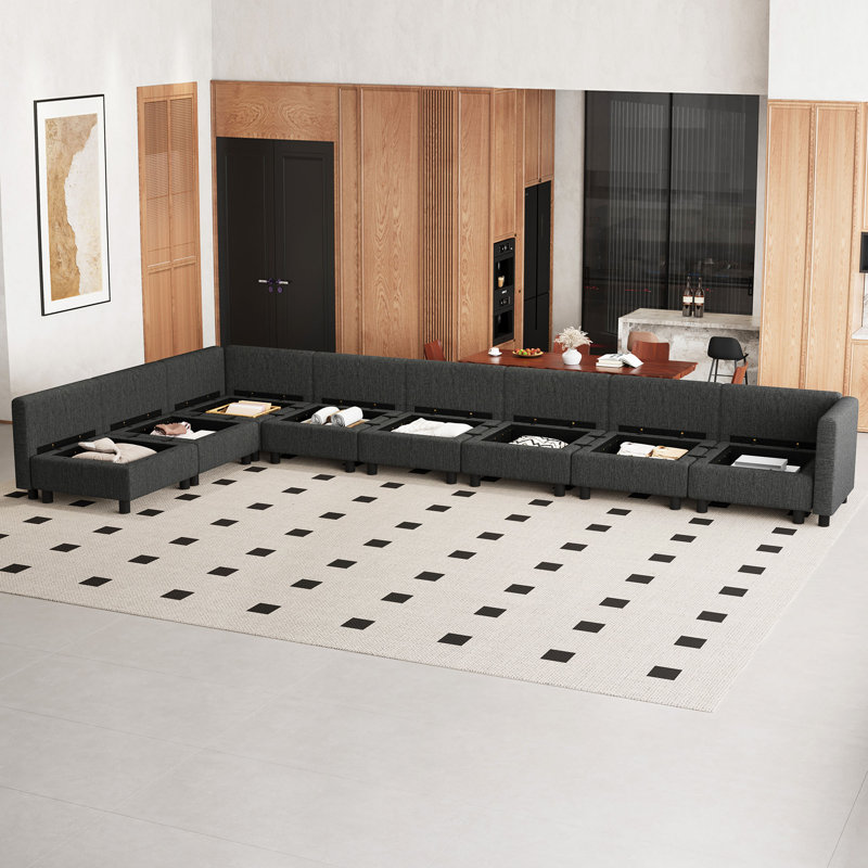 L-Shaped Modular Sectional Sofa With Storage, Dark Gray Polyester Blend