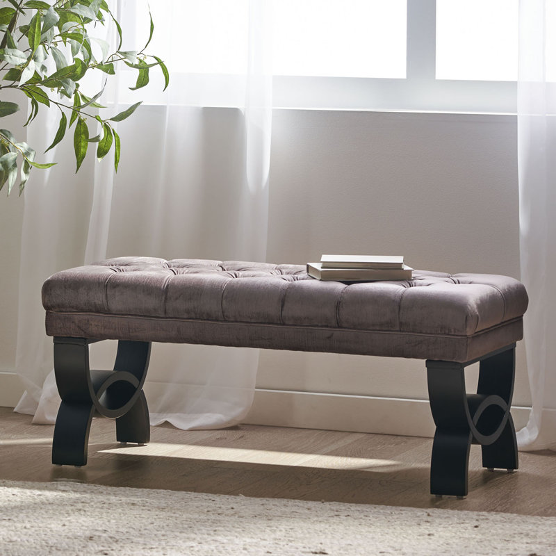 Beene Upholstered Tufted Bench with Birch Wood Legs, Gray Velvet