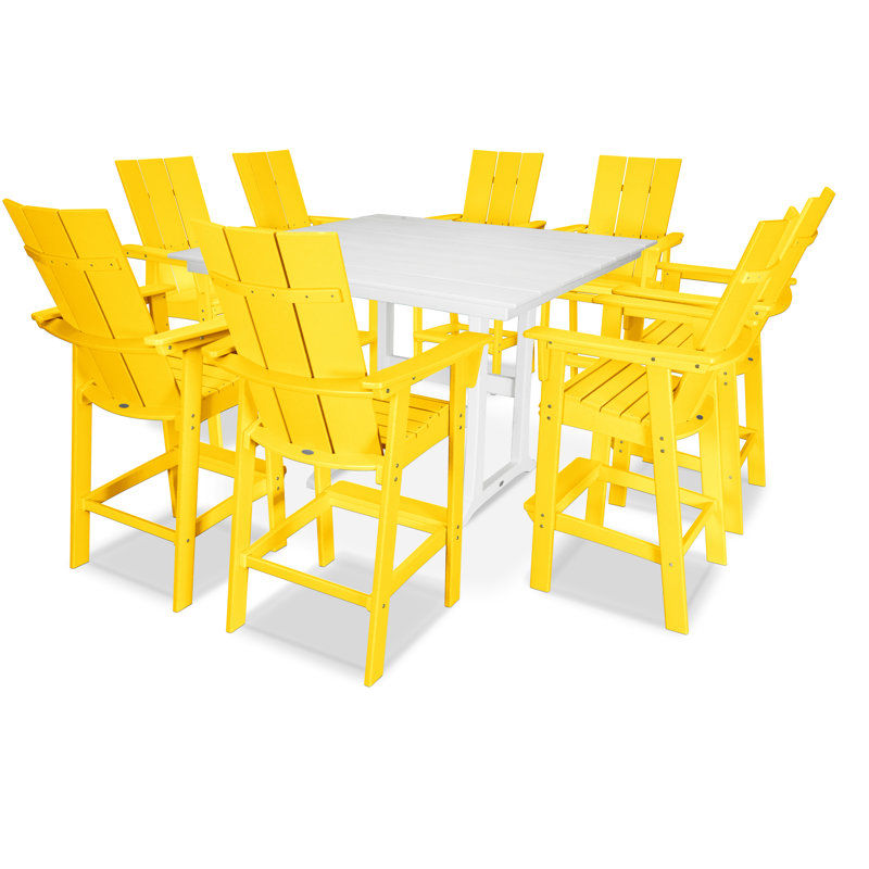 POLYWOOD Modern Curveback Adirondack 9-Piece Farmhouse Trestle Bar Set, Lemon/White