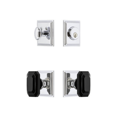 Carre Square Rosette Complete Entry Set with Single Cylinder Deadbolt and Baguette Black Crystal Knob