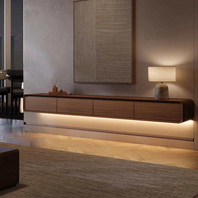 Floating TV Stand, Entertainment Center With LED Light, Solid Wood, Fully-Assembled, Brown, 9.84" H x 94.48" L x 14.57" W