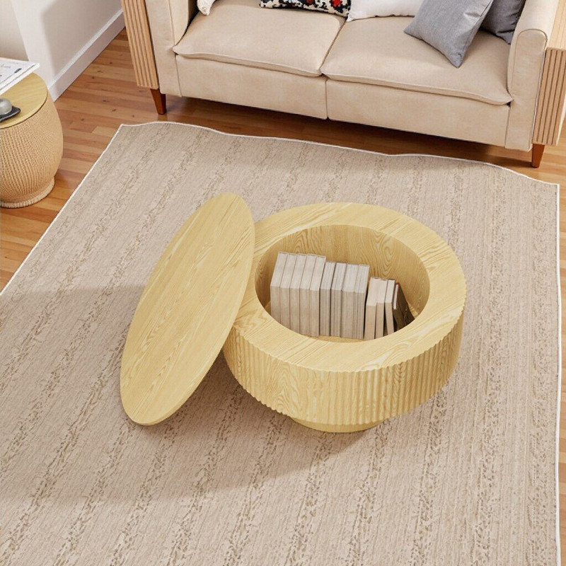 Table basse circulaire en panneau de fibres à densité moyenne avec conception rainurée et rangement dissimulé, Bois naturel
