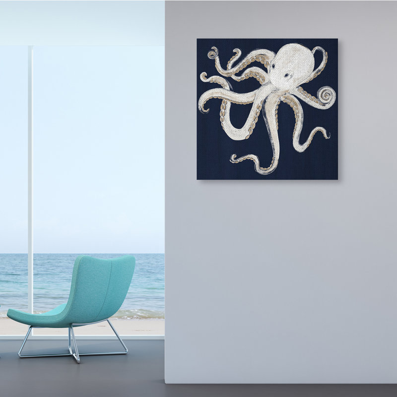 Illustration de pieuvre nautique fantaisiste sur bleu marine par Gina Ritter - impression, H 30 po x l 30 po x P 1,5 po