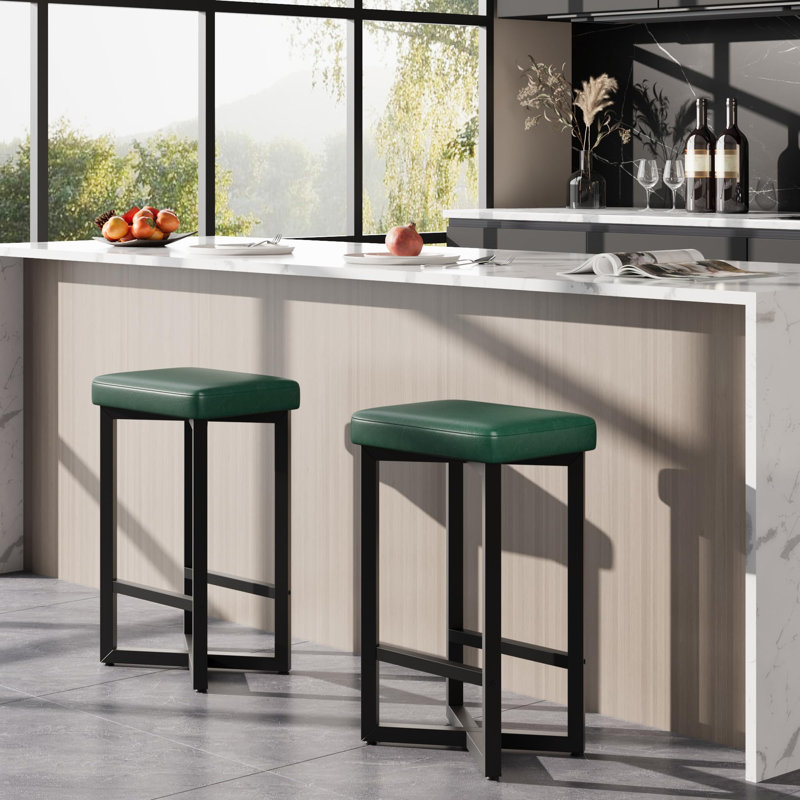 Set of 2 Backless Bar Stools - 62.5cm PU Leather Counter Chairs with Metal Frame & Footrest, Modern Minimalist Stools for Kitchen Island & Dining, Green
