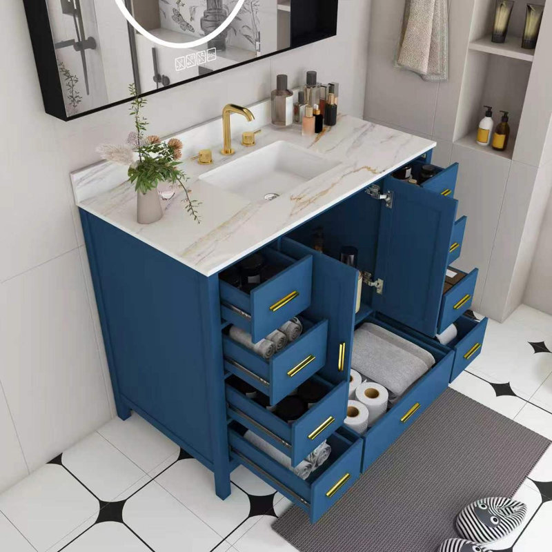 Meuble-lavabo moderne avec comptoir en pierre frittée blanche de Carrare, Blue