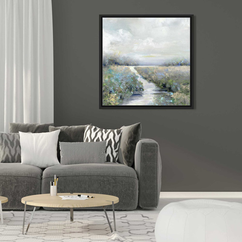 Péninsule par Sally Swatland - Peinture, L 21,5 po x H 21,5 po, Cadre noir