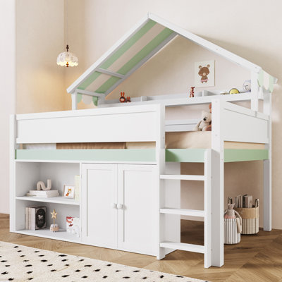 Full Size Loft Bed with Canopy Roof and Storage Cabinet