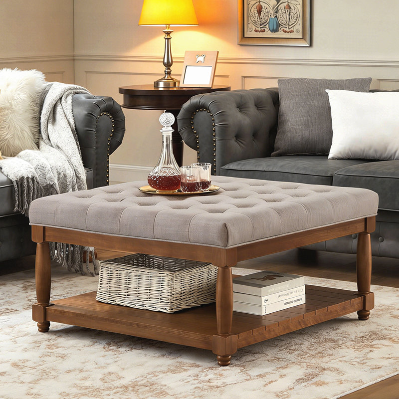 Large Square Upholstered Tufted Linen Ottoman Coffee Table, Ideal for Indoor and Outdoor Use with Solid Wood Shelf, Linen