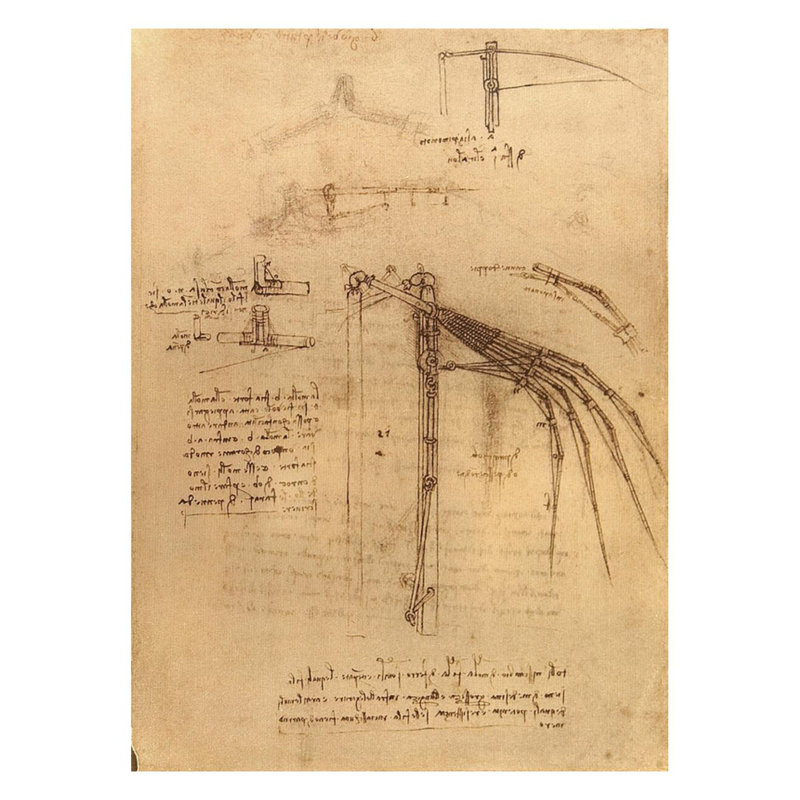 Esquisse pour une aile avec des extrémités mobiles par Leonardo Da Vinci - Estampe numérique, H 28 po x l 22 po