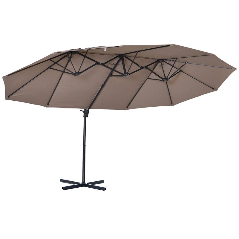 Très grand parasol de marché extérieur double face 14 pi avec manivelle, base transversale pour terrasse, pelouse, cour et piscine