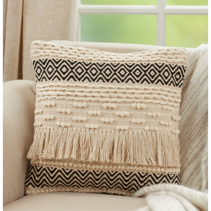 Kema Collection Fringed Cotton Throw Pillow, Polyester/Polyfill
