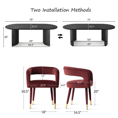 Modern 79" Oval Dining Table Set With 6 Velvet Dining Armchairs