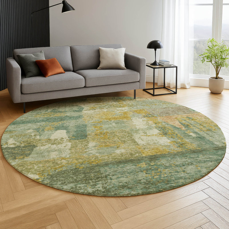 Premium Machine Washable Mayfield AMF2147 abstract Rug, Round 8', Green