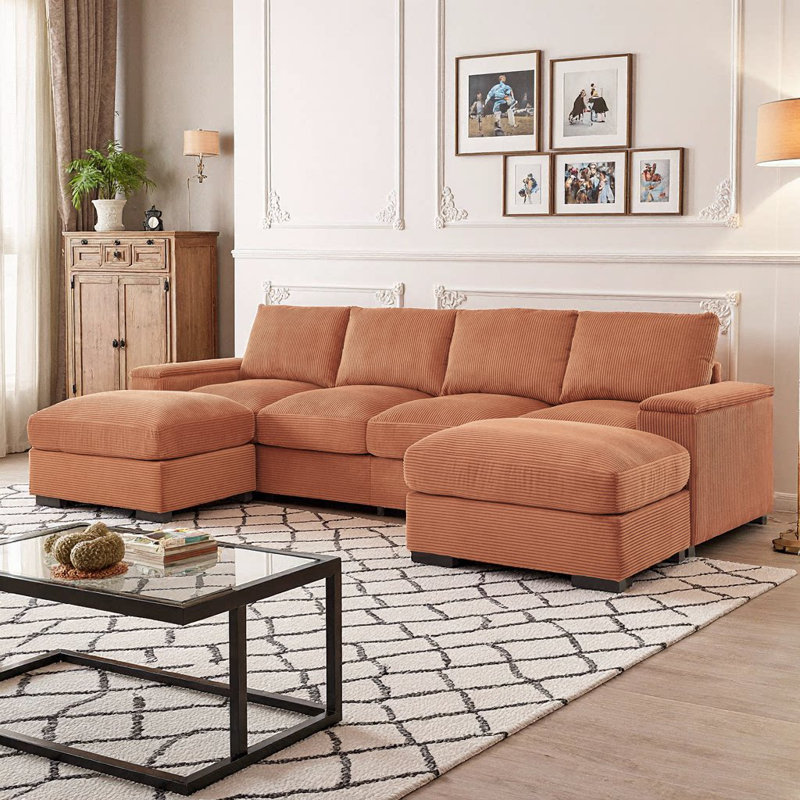 Canapé modulaire moderne en U en velours côtelé 4 places avec 2 repose-pieds et rangement pour les accoudoirs - beige, Orange