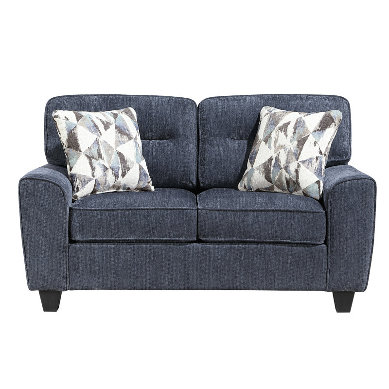Bleu contemporain, tissu chenille doux, housses de coussin amovibles, pieds exposés avec sièges confortables à finition noire, 300 lb par siège