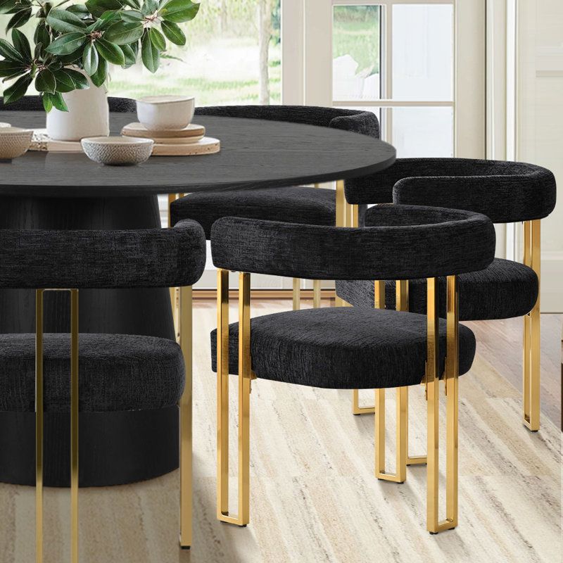6 - Person Dining Table Sets With 60'' Round Table & 6 Upholstered Chenille Gold Chairs, Black/Gold
