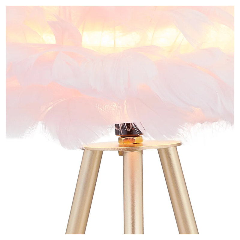 Lampe de table rose à plumes de 37 cm avec base trépied dorée, petite lampe de chevet pour salon et salle à manger (ampoule non incluse)