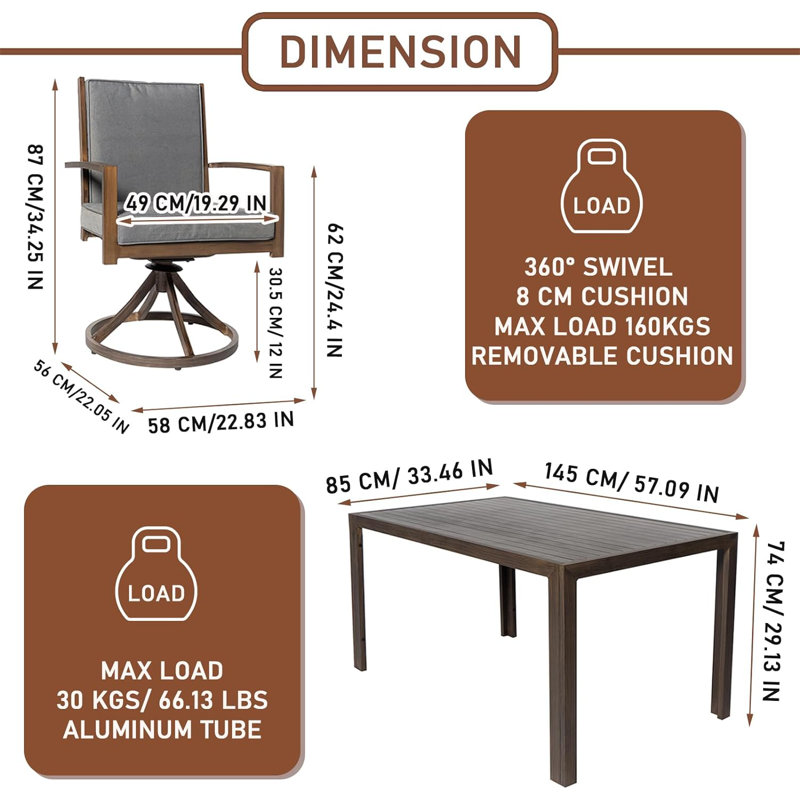 Houser Patio Dining Set with Rectangular Table , Cushions Included, 6, Brown