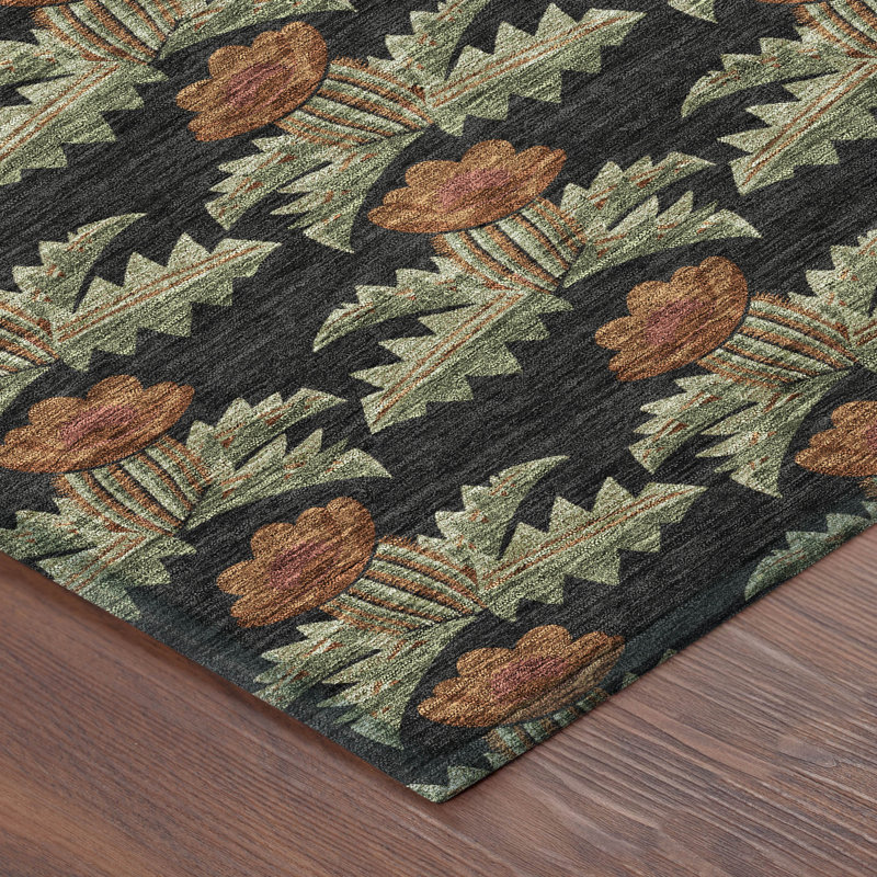 Machine Washable Indoor/Outdoor Chantille ACN2684 Floral Rug, 1'8" x 2'6", Black