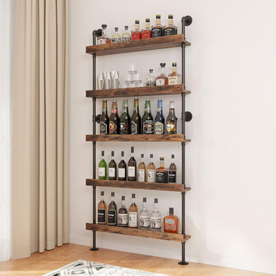 Support à vin mural à 5 niveaux, tablettes de bar flottantes, présentoir à bouteilles de spiritueux, tablette de bar industrielle rustique pour la cuisine de la salle à manger bar à la maison (l 23,6 po x H 79 po)