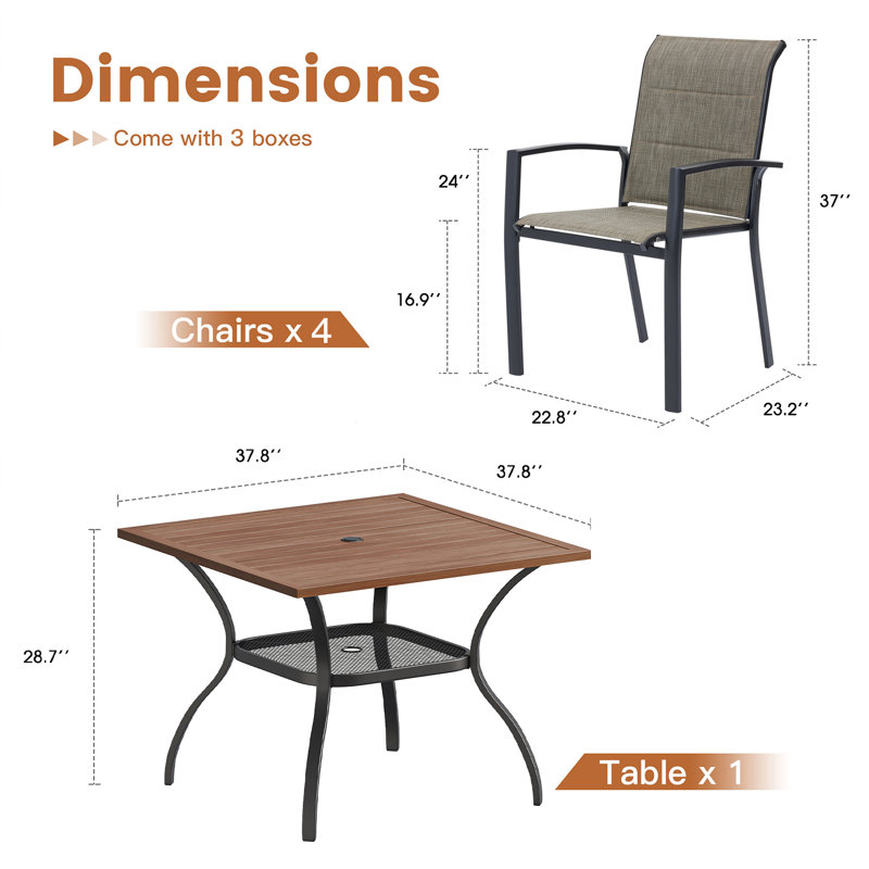 4-Person Patio Dining Set with Square Metal Dining Table and Padded PVC-coated polyester Chairs, Brush Wood Brown/Brown