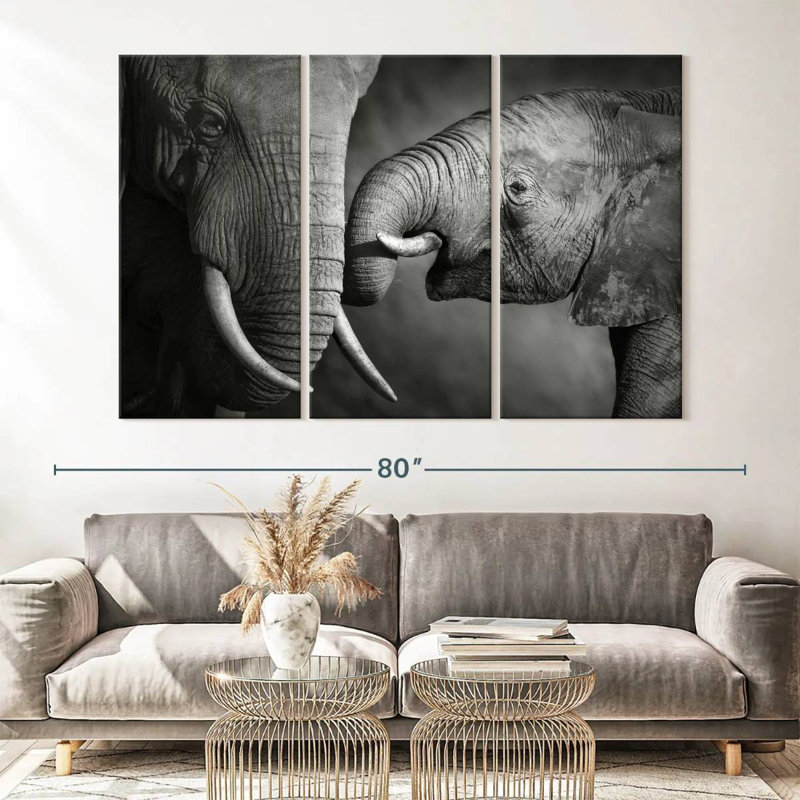 Éléphant 3 pièces d'affection sur toile, H 42 po x l 65 po x P 1,25 po