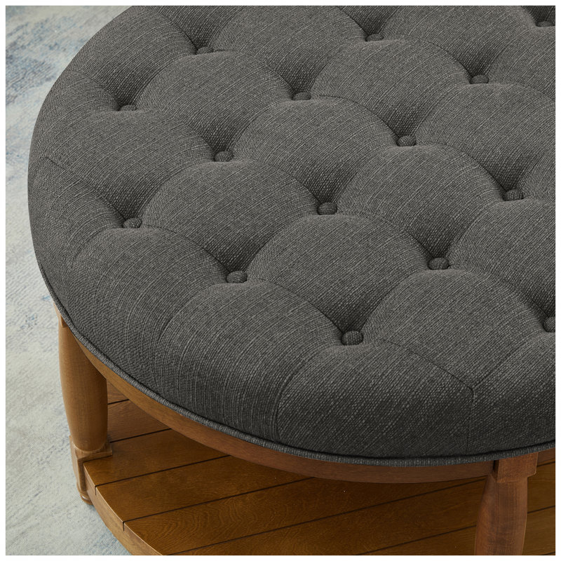 Large Round Upholstered Tufted Linen Ottoman Coffee Table, Solid Wood Shelf For Durable And Stylish Home Decor, Brown