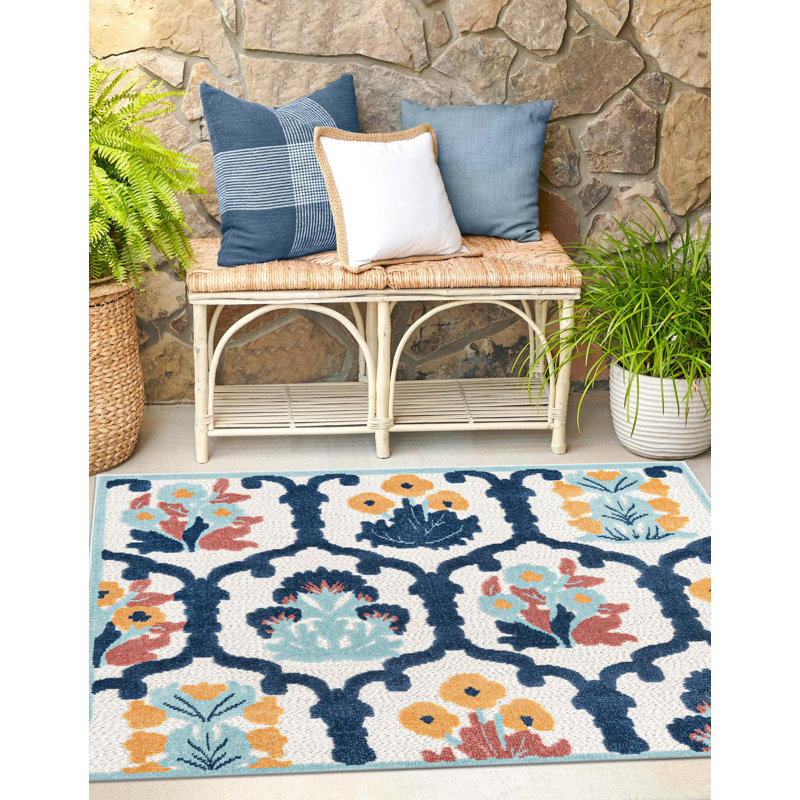 Tapis d'extérieur couleur ivoire / bleu marine Askersund, Carré 5 pi 3 po