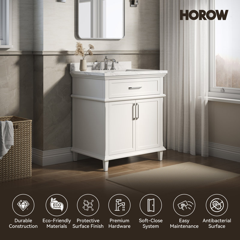 Panneau de 30 po Eviora Meuble-lavabo autoportant à simple cuve blanche avec plateau en marbre de culture blanc assemblé