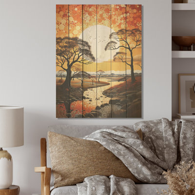 Baobab africain au coucher du soleil - Arbre Baobab, art sur bois de pin naturel
