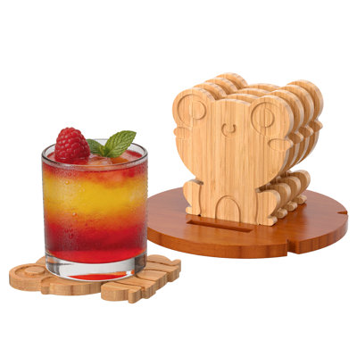 6-Piece Natural Bamboo Frog Coaster Set with Lotus Leaf Holder - Cute Non-Slip Heat-Resistant Drink Coasters for Wooden Table, Decorative Cup Mats for Coffee Mug, Tea | 2 Tone: Natural+ Brown