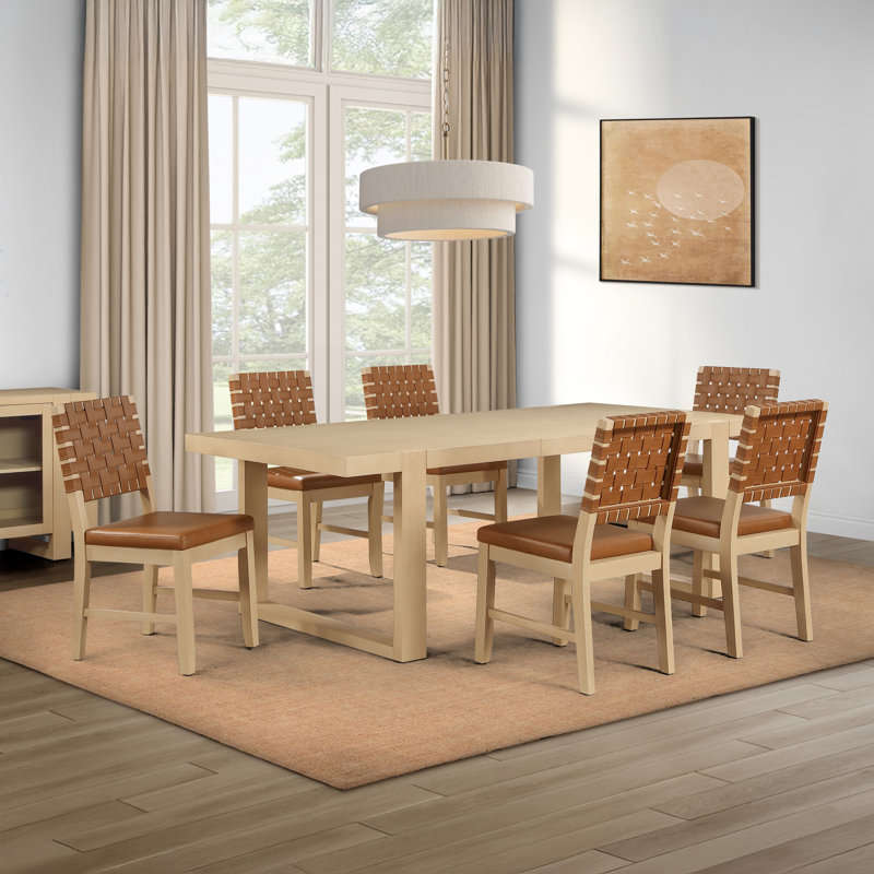 Ensemble repas avec chaises d'appoint en cuir végétalien Reid, 7 pièces : table, 6 chaises, Brun clair / sable, Sable