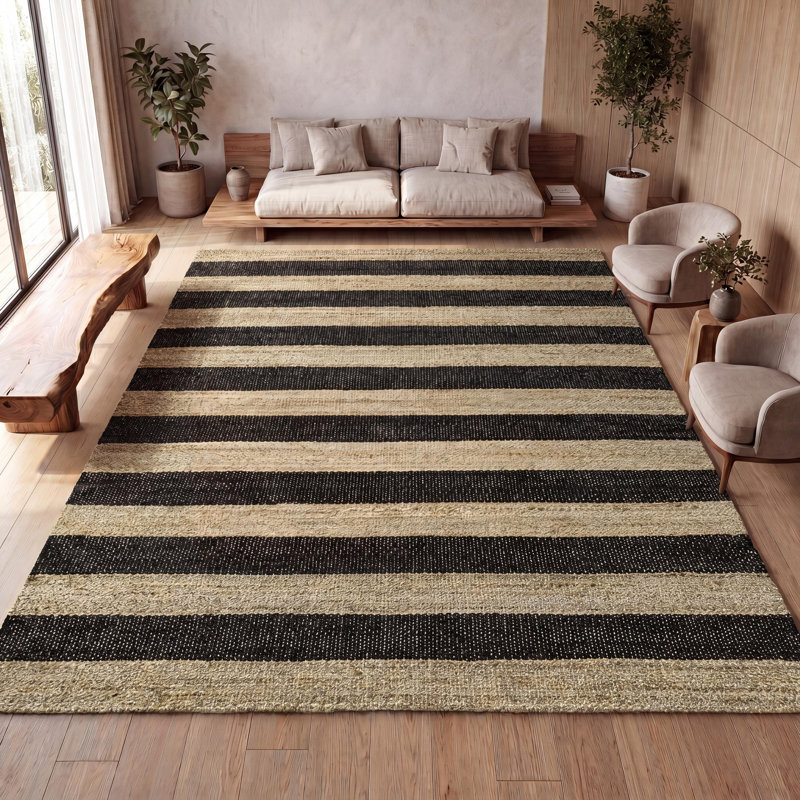 Zemple Rustic Farmhouse Woven Jute Stripe Natural/Black Rug, Rectangle 8' x 10'