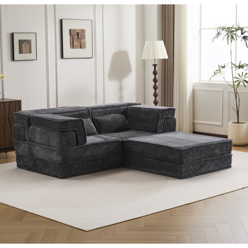 Compression Mahjong Sofa,Convertible Floor Sofa Bed,DIY Boneless Modular Sectional Sofa,No Assembly Required,Circle Fleece Fabric,Oversized 2 Seater With 1 Ottoman,Dark-Grey
