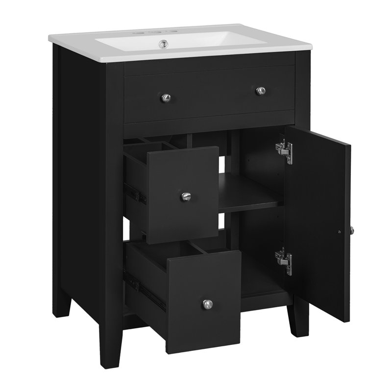 Meuble-lavabo moderne 24 po avec lavabo en céramique, meuble-lavabo pour salle de bain à 2 tiroirs, Noir