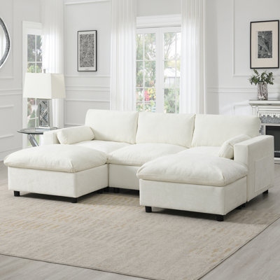 86.5'' Chenille Modular Sectional Sofa With Storage Pockets, 5 Seat U Shaped Couch Set With Pillows,Free Combination,Modern Cloud Sofa With 2 Movable Ottoman For Living Room,Apartment,3 Colors