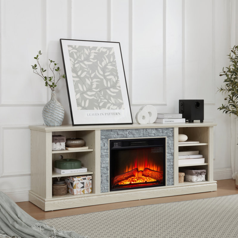 Grand support de rangement pour bureau télé en faux pierre, console média avec grand meuble de rangement, meuble télé moderne avec foyer de 23 po